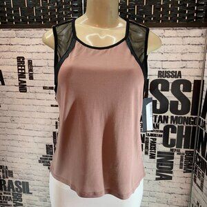 Nux L Sandy Rose Mesh Shoulder Insets Keyhole Back Neck Step Hem Muscle Tee